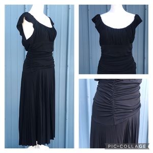 BCBGMaxazria Black Capped Sleeve Ruched Dress with Full, Pleated Skirt